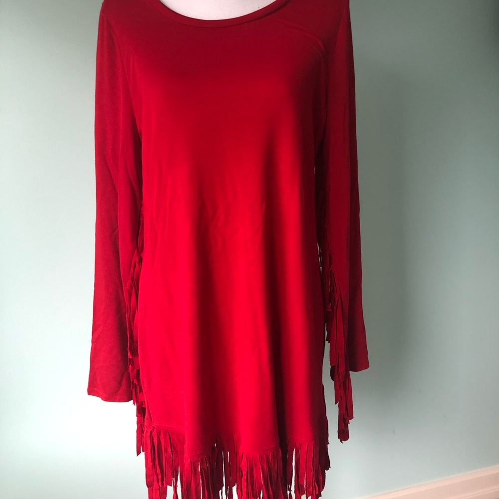 Women's Red Long Sleeve Fringe Dress